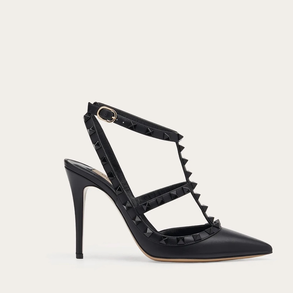 Valentino Black Tonal Stud Heels Ankle Strap Pumps